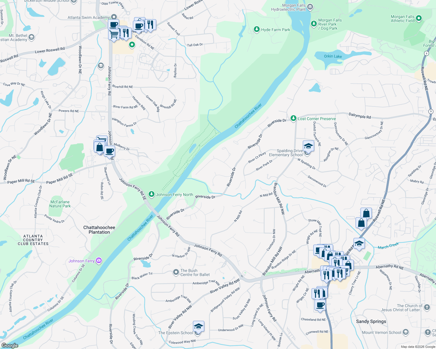 map of restaurants, bars, coffee shops, grocery stores, and more near 205 River N Ct in Sandy Springs