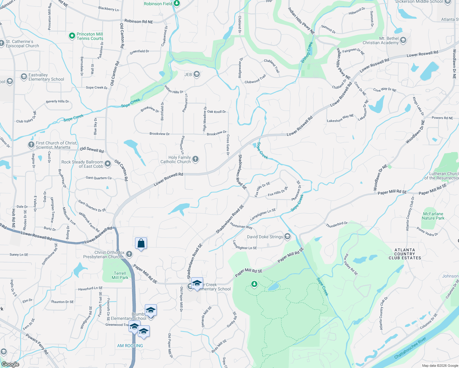 map of restaurants, bars, coffee shops, grocery stores, and more near 3601 Ashley Estates in Marietta