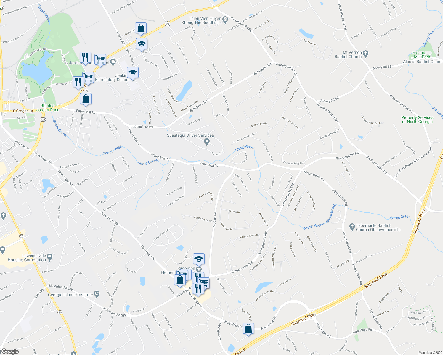 map of restaurants, bars, coffee shops, grocery stores, and more near 555 Paper Mill Drive Southeast in Lawrenceville