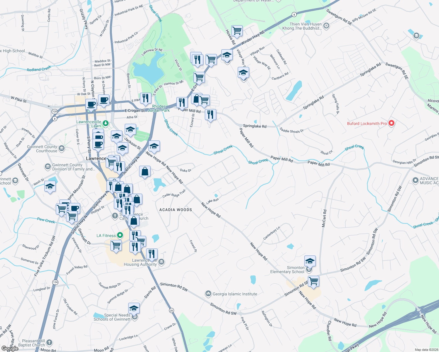map of restaurants, bars, coffee shops, grocery stores, and more near 377 Norhill Ln in Lawrenceville