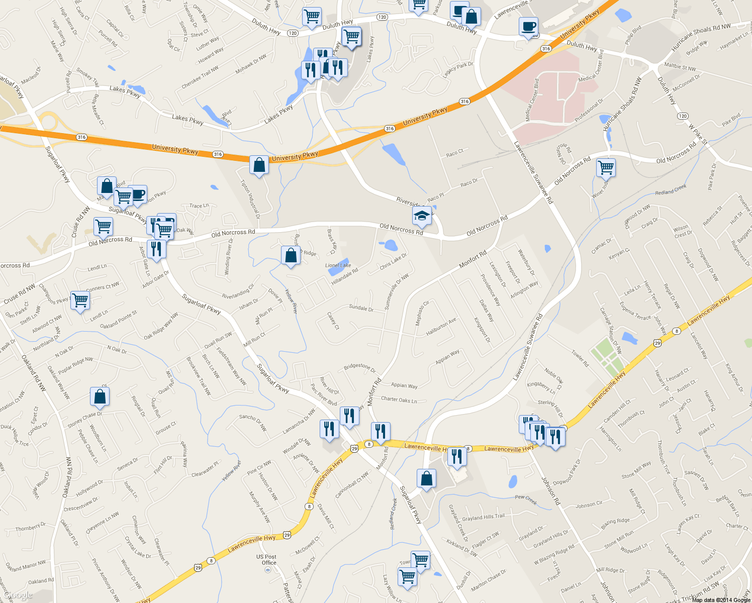 map of restaurants, bars, coffee shops, grocery stores, and more near 465 Buttercup Trail in Lawrenceville