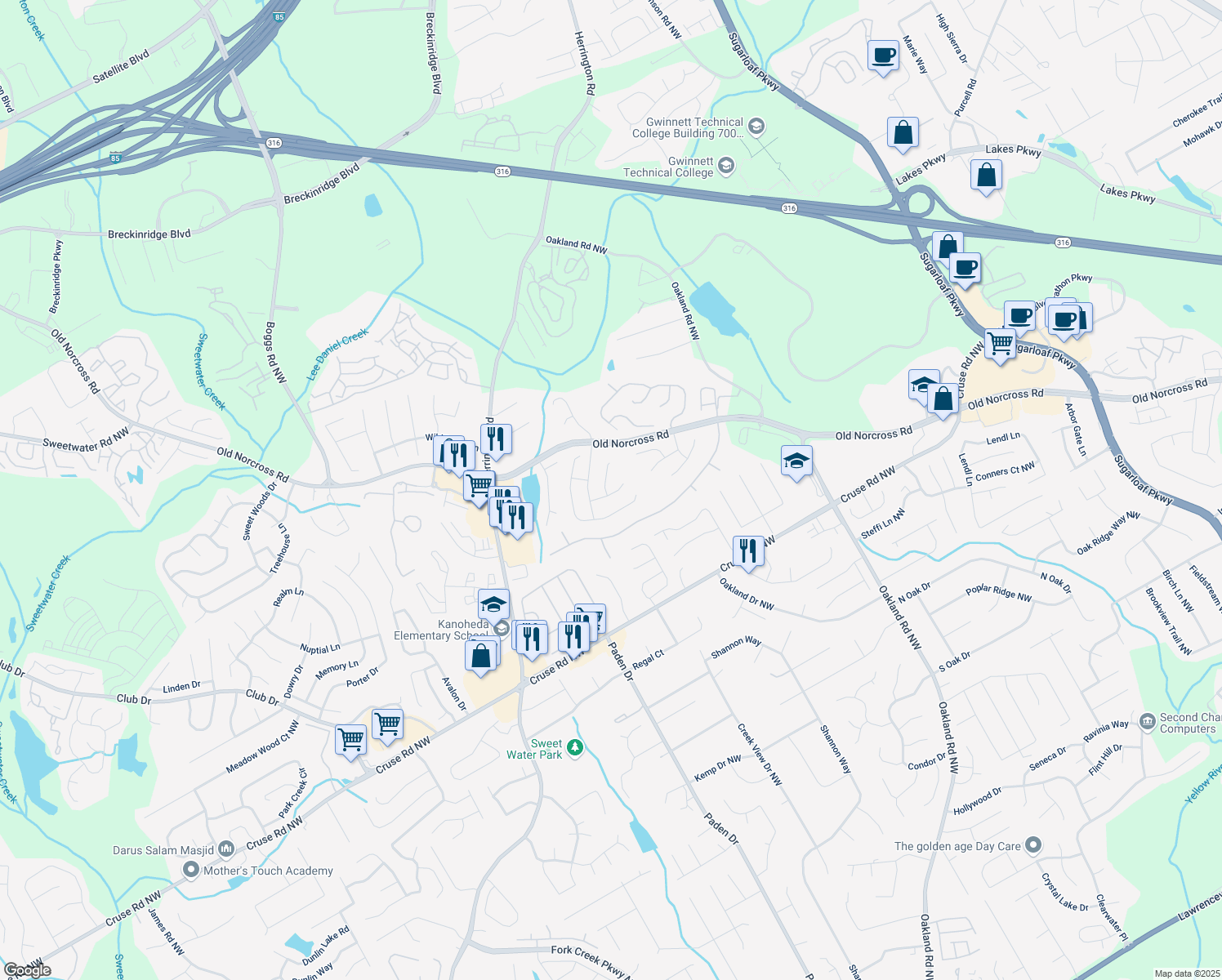 map of restaurants, bars, coffee shops, grocery stores, and more near 2355 Glen Chase Lane in Lawrenceville