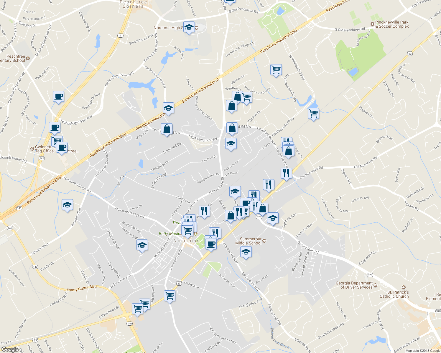 map of restaurants, bars, coffee shops, grocery stores, and more near 579 North Peachtree Street in Norcross