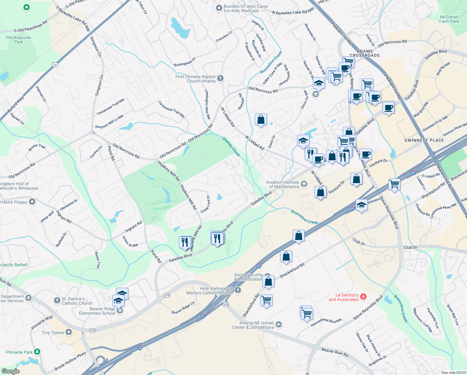 map of restaurants, bars, coffee shops, grocery stores, and more near 2215 Amelia Court in Duluth