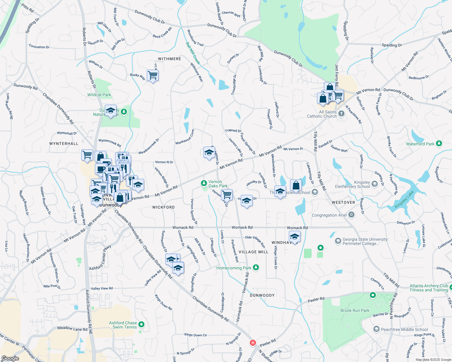 map of restaurants, bars, coffee shops, grocery stores, and more near 1703 Brandywine Court in Dunwoody