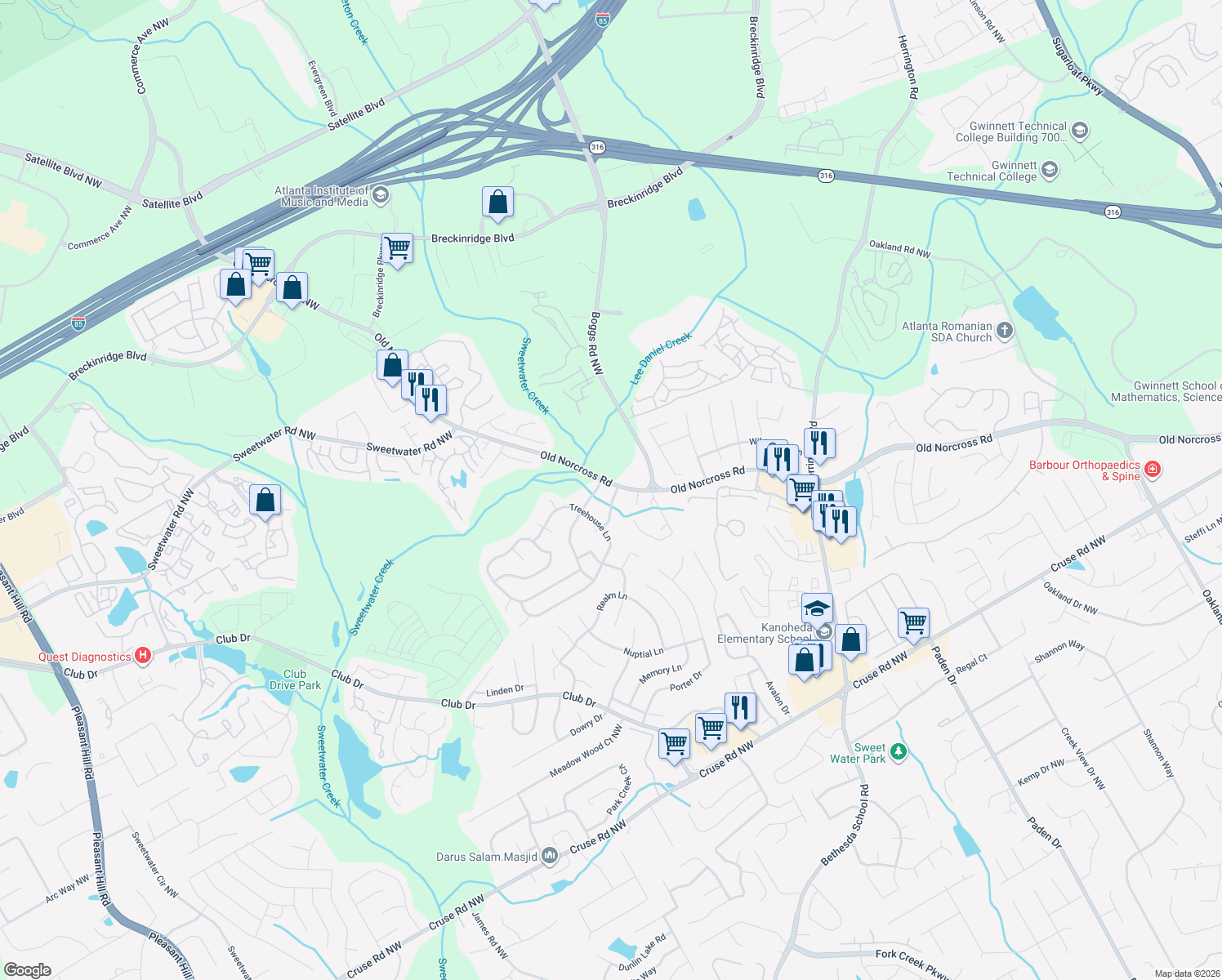map of restaurants, bars, coffee shops, grocery stores, and more near 1350 Baldridge Drive in Lawrenceville
