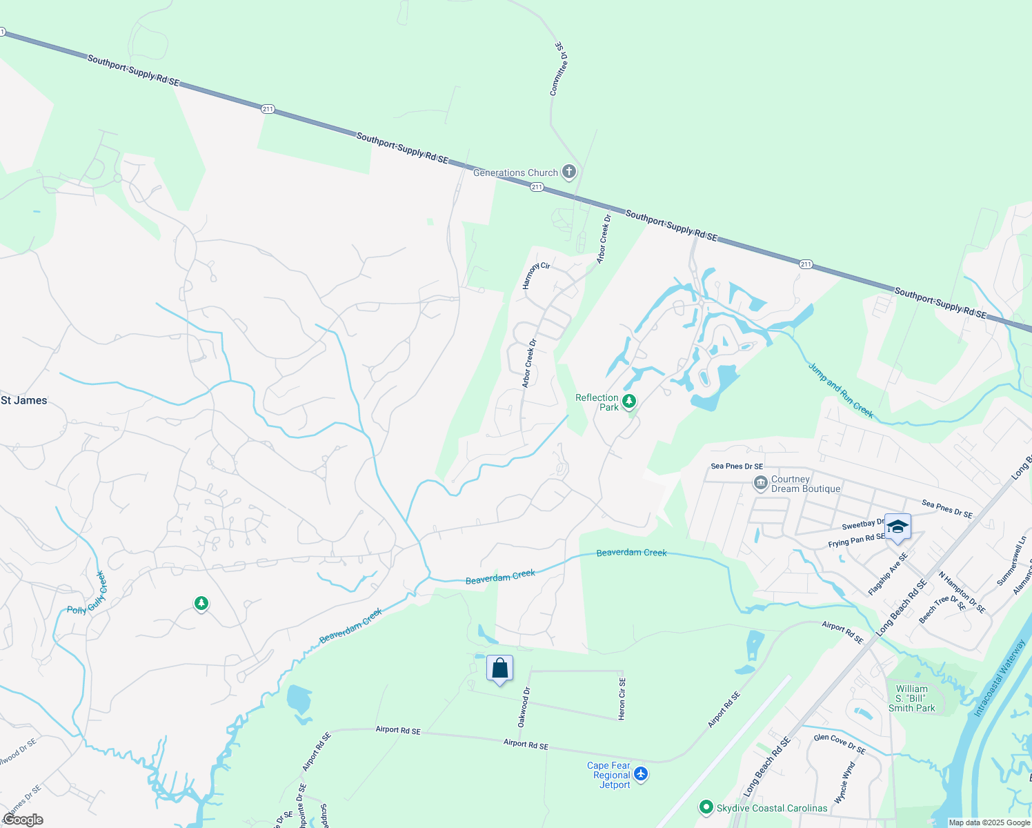 map of restaurants, bars, coffee shops, grocery stores, and more near 3612 Button Bush Court in Southport