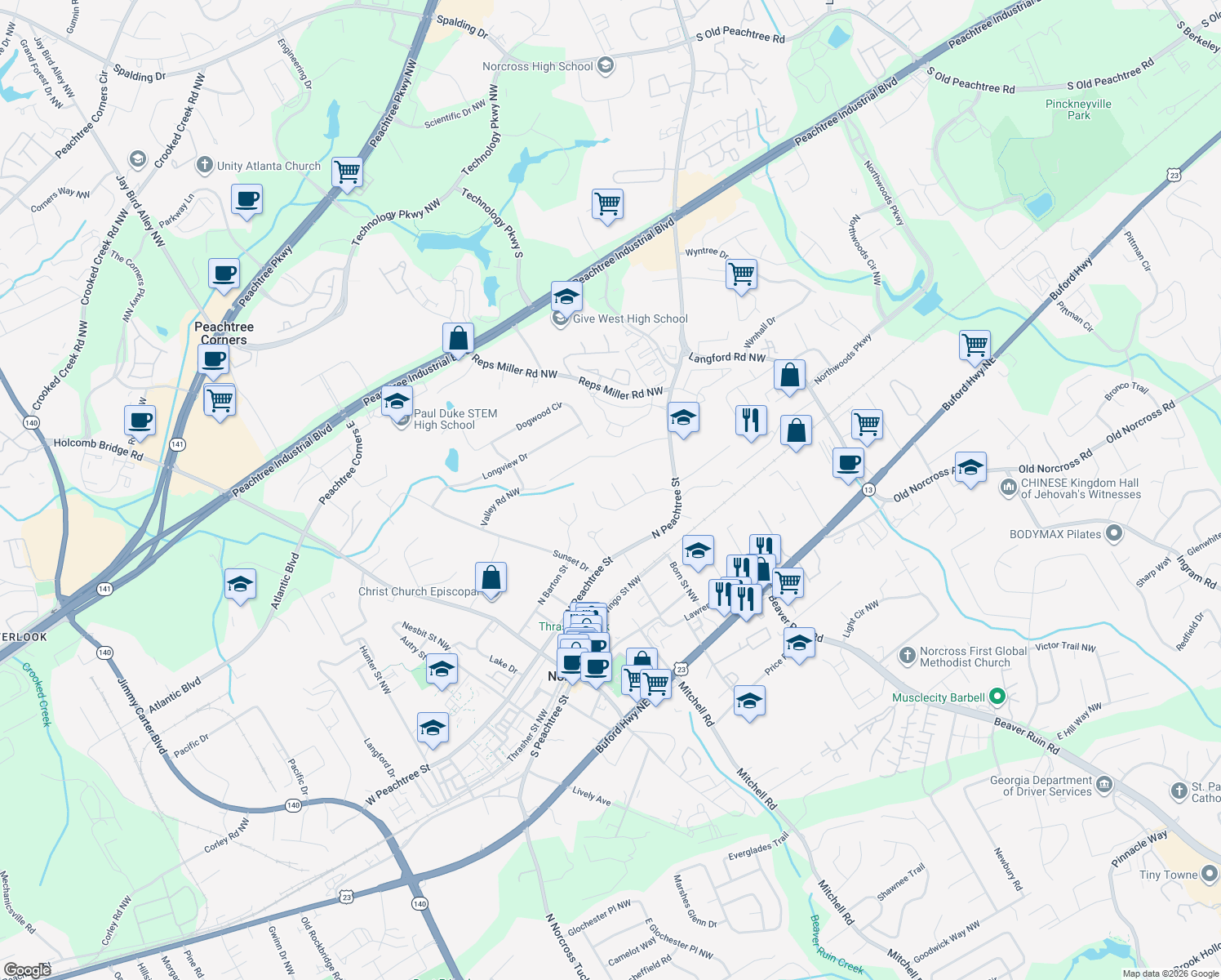 map of restaurants, bars, coffee shops, grocery stores, and more near 441 Moore Ln in Norcross