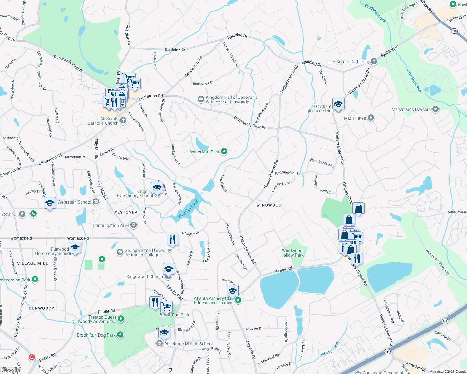 map of restaurants, bars, coffee shops, grocery stores, and more near 5133 Foxwood Ct in Doraville