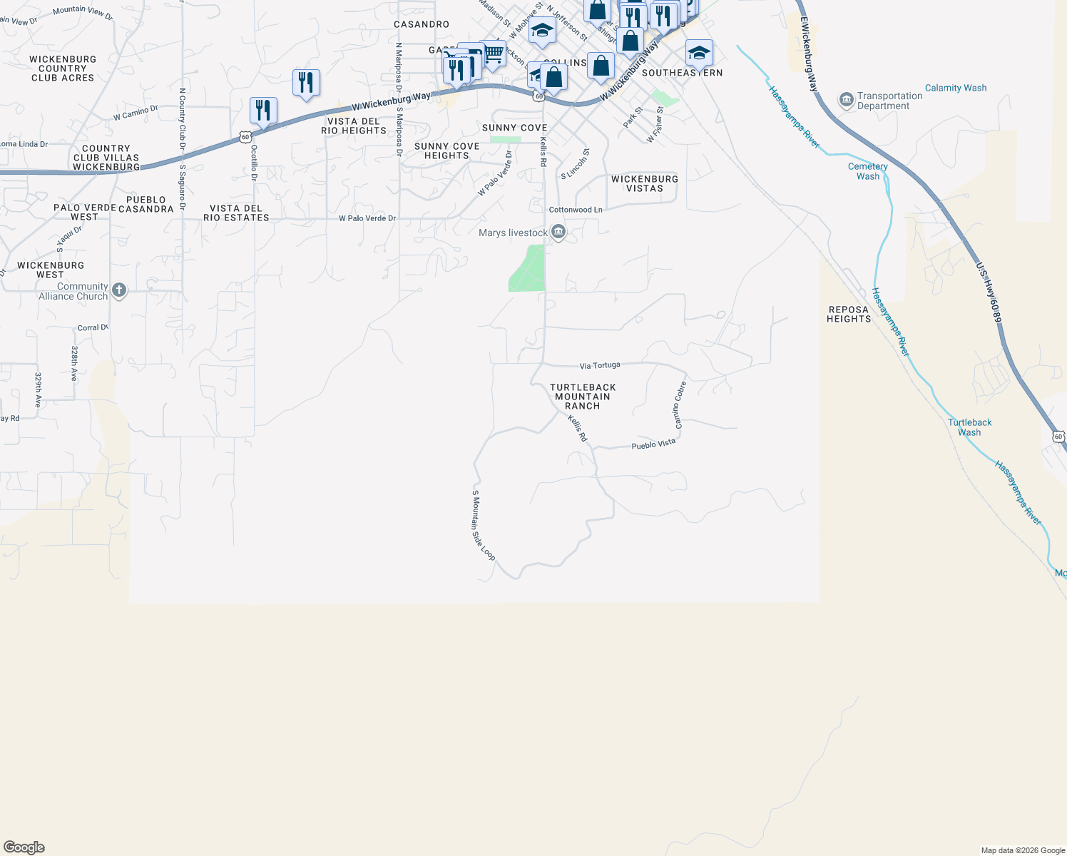 map of restaurants, bars, coffee shops, grocery stores, and more near 1101 Kellis Road in Wickenburg