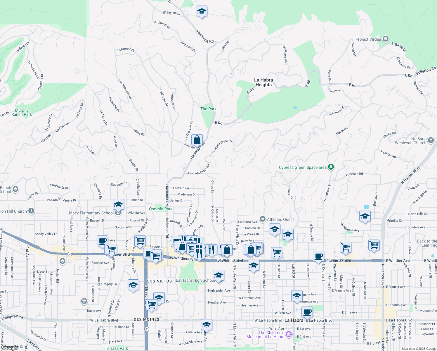 map of restaurants, bars, coffee shops, grocery stores, and more near 1322 Citrus Street in La Habra Heights