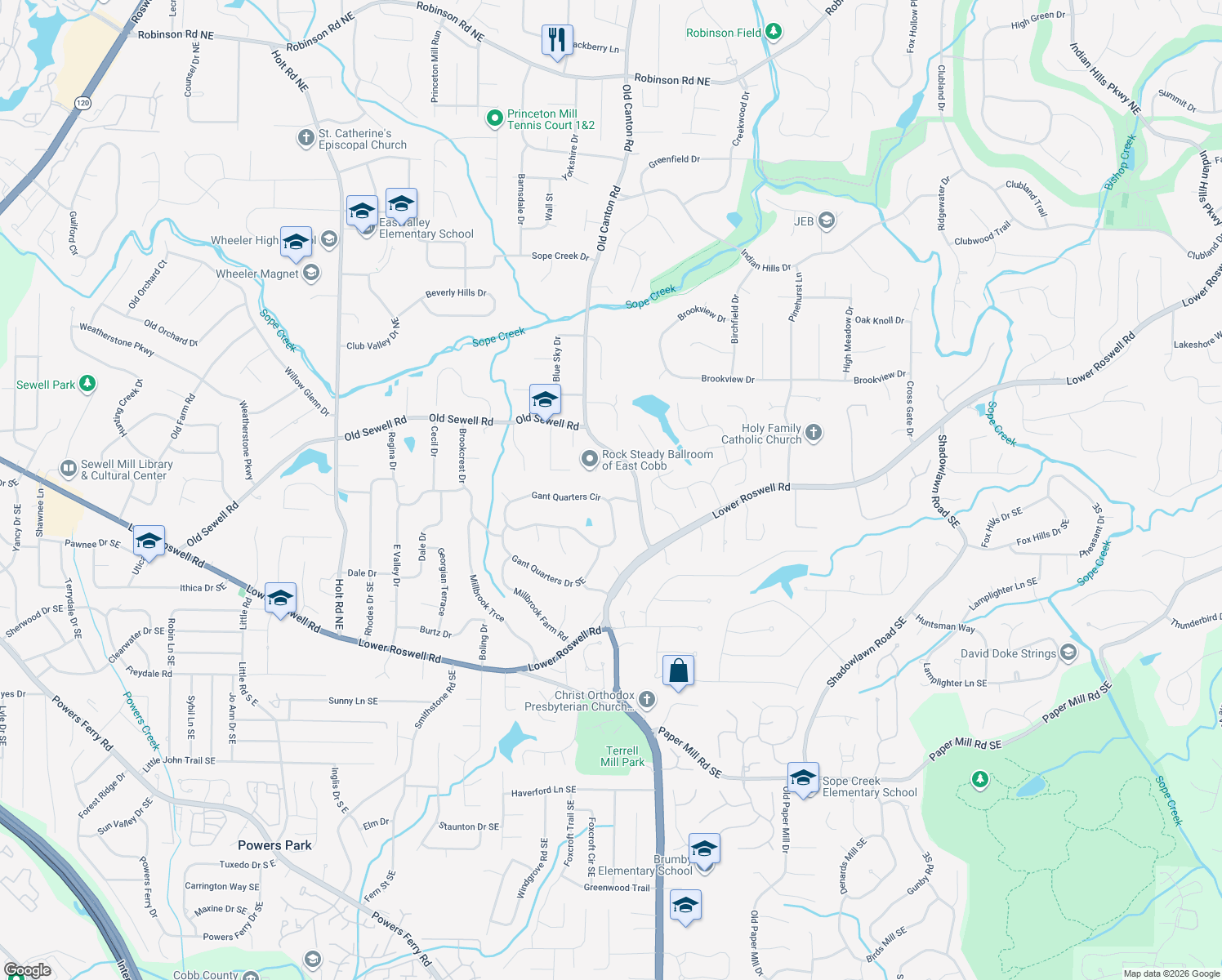 map of restaurants, bars, coffee shops, grocery stores, and more near 3087 Gant Quarters Way in Marietta