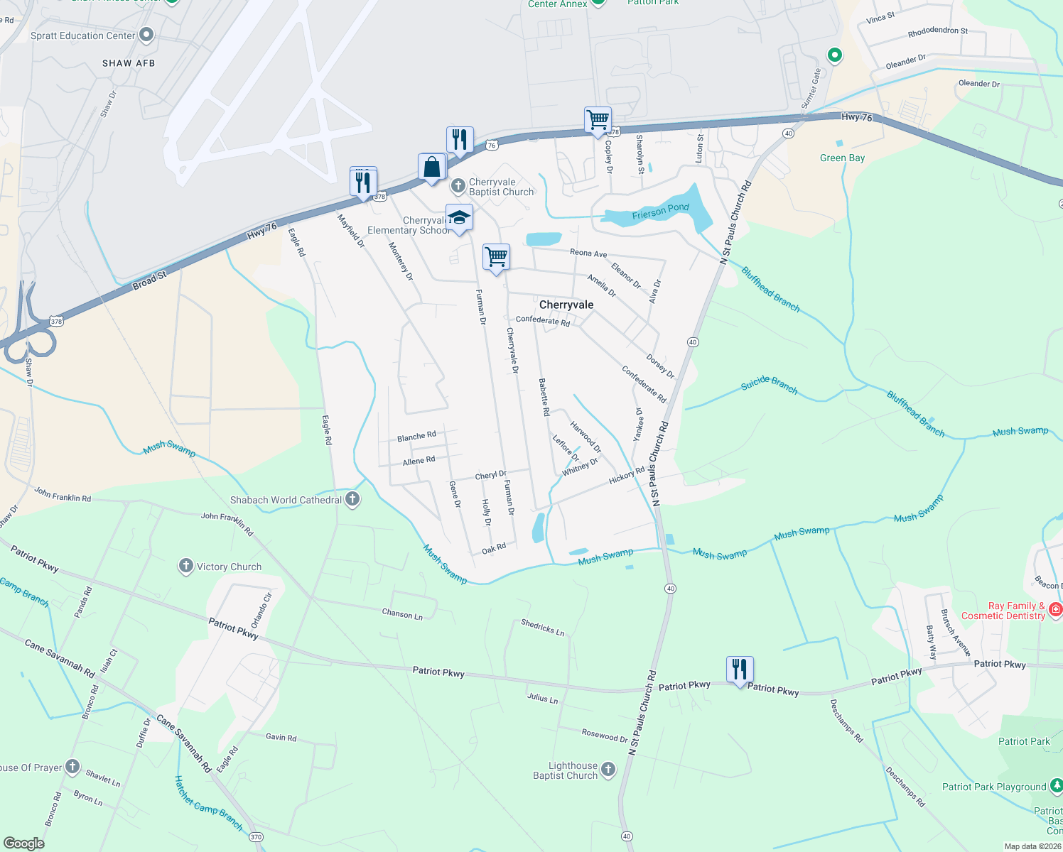 map of restaurants, bars, coffee shops, grocery stores, and more near 1047 Cherryvale Drive in Sumter