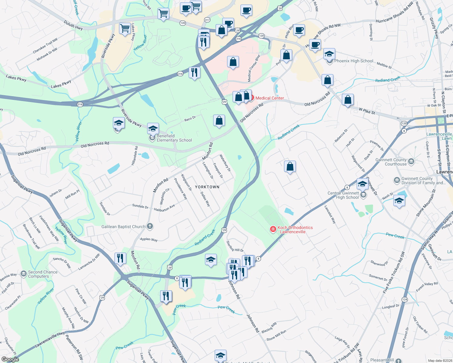 map of restaurants, bars, coffee shops, grocery stores, and more near 980 Arlington Way in Lawrenceville