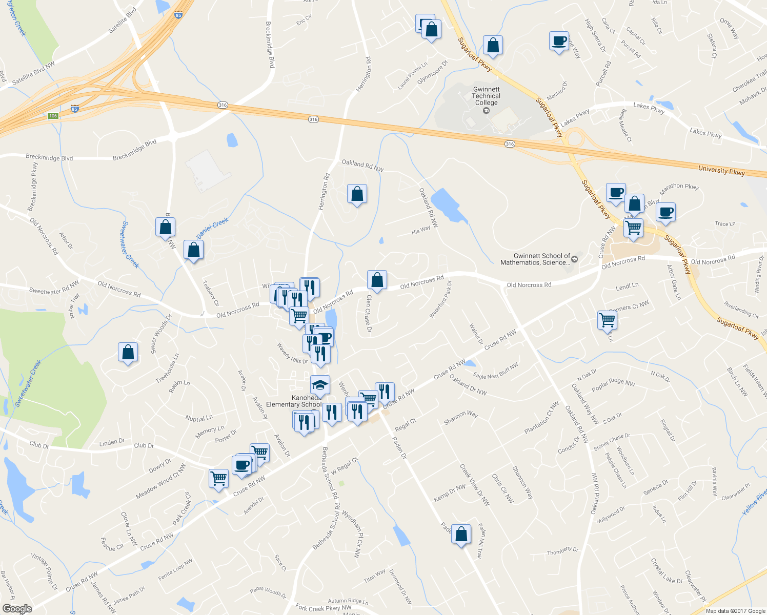 map of restaurants, bars, coffee shops, grocery stores, and more near 1061 Chase Creek Court in Lawrenceville