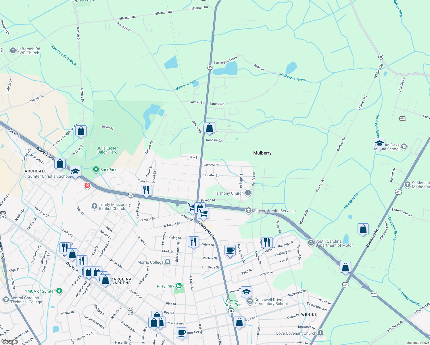 map of restaurants, bars, coffee shops, grocery stores, and more near 101 E Hunter St in Sumter