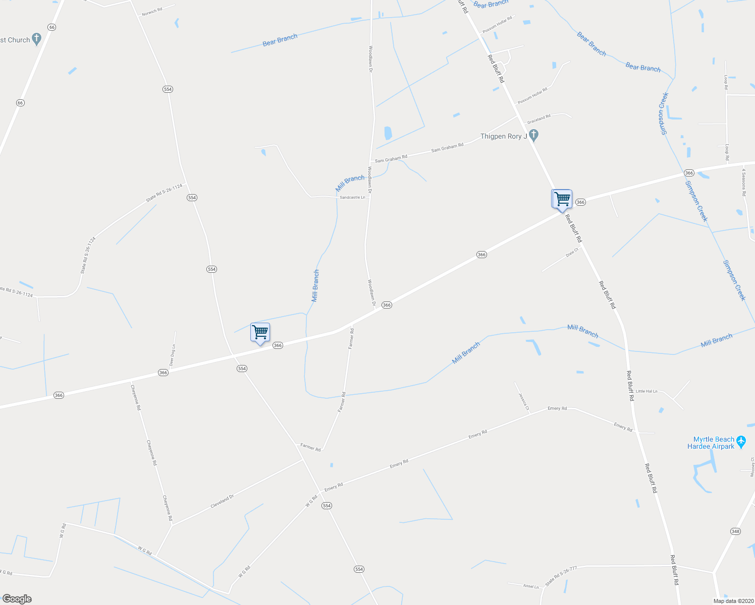 map of restaurants, bars, coffee shops, grocery stores, and more near 4401 Woodlawn Drive in Loris