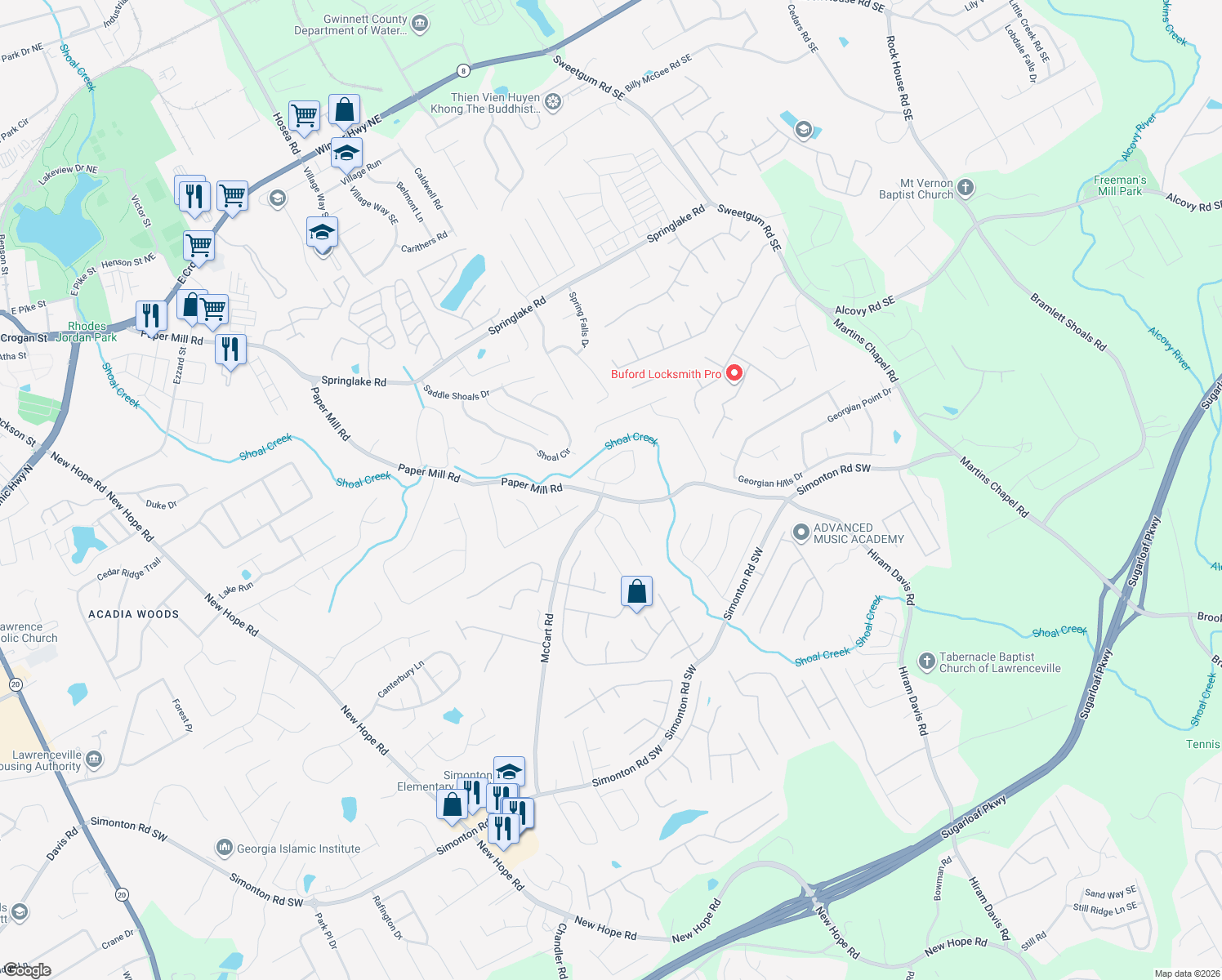 map of restaurants, bars, coffee shops, grocery stores, and more near 313 MacLand Dr in Lawrenceville