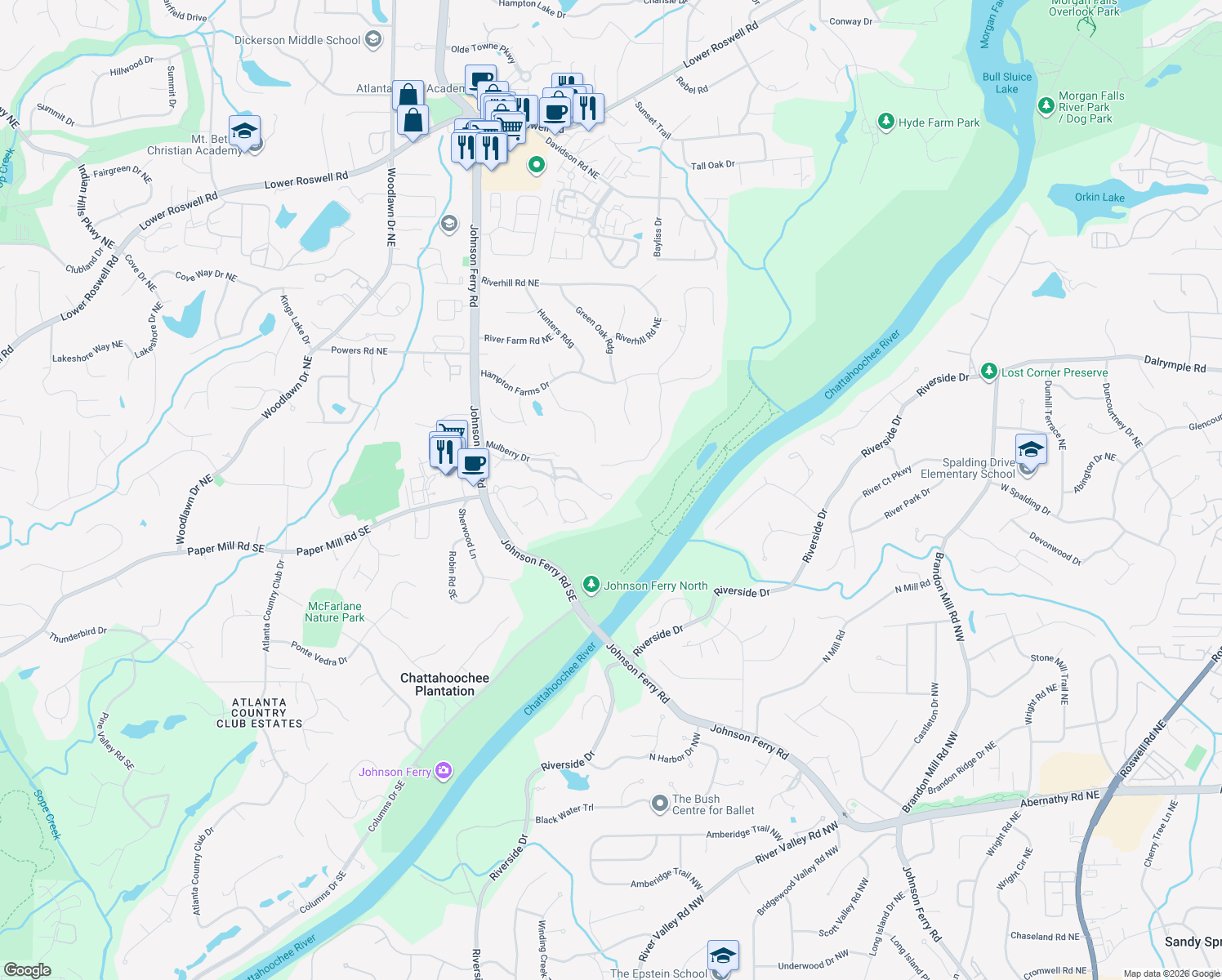 map of restaurants, bars, coffee shops, grocery stores, and more near 703 Bridle Path in Marietta