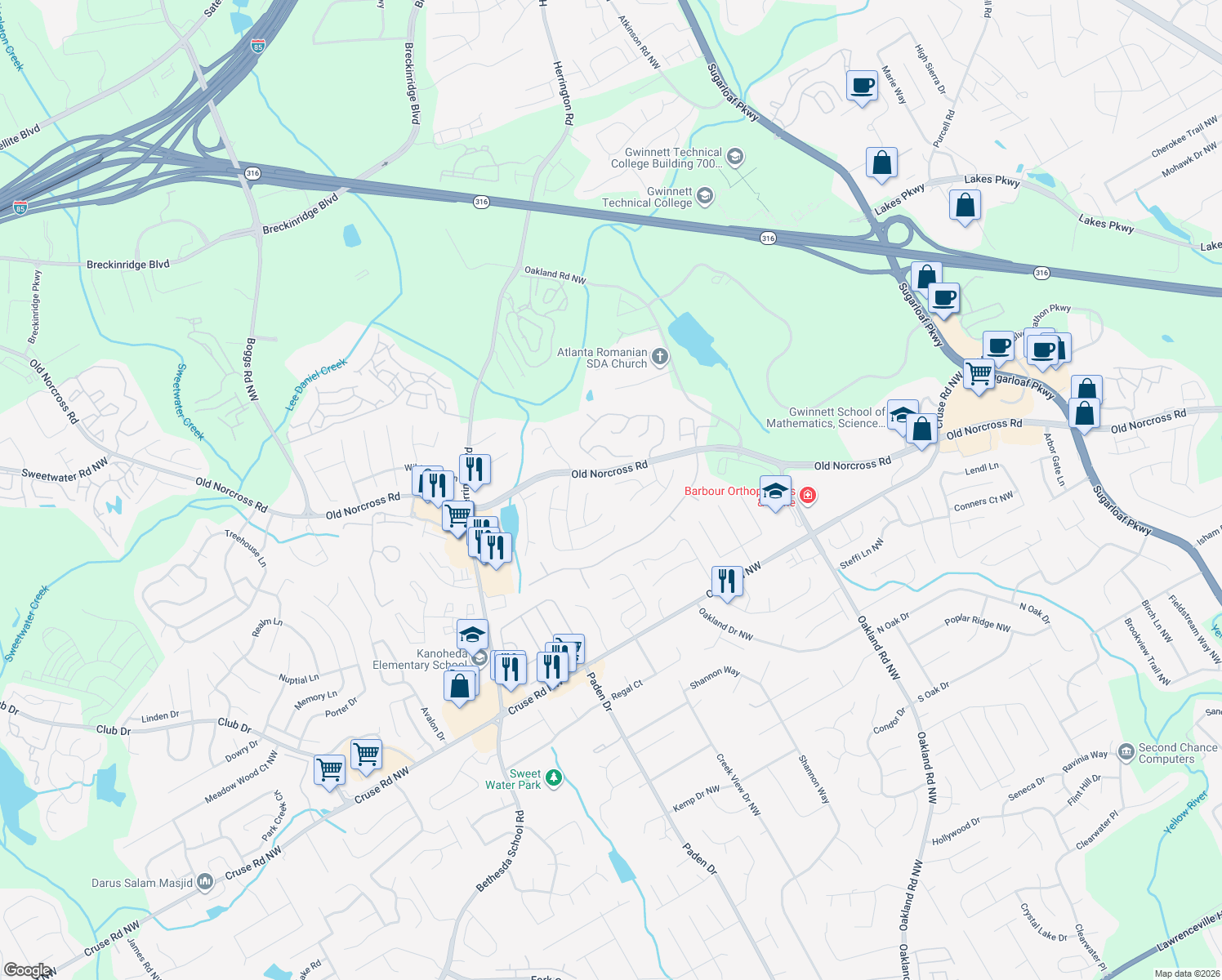 map of restaurants, bars, coffee shops, grocery stores, and more near 1194 Hacknee Court in Lawrenceville