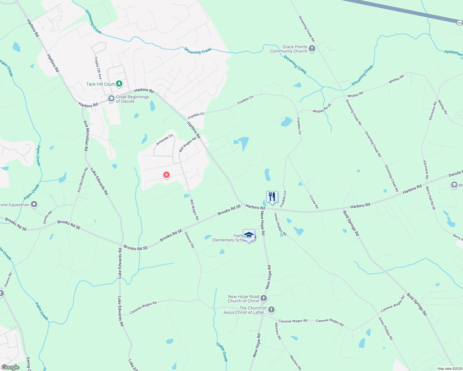 map of restaurants, bars, coffee shops, grocery stores, and more near 1762 Harbins Road in Dacula