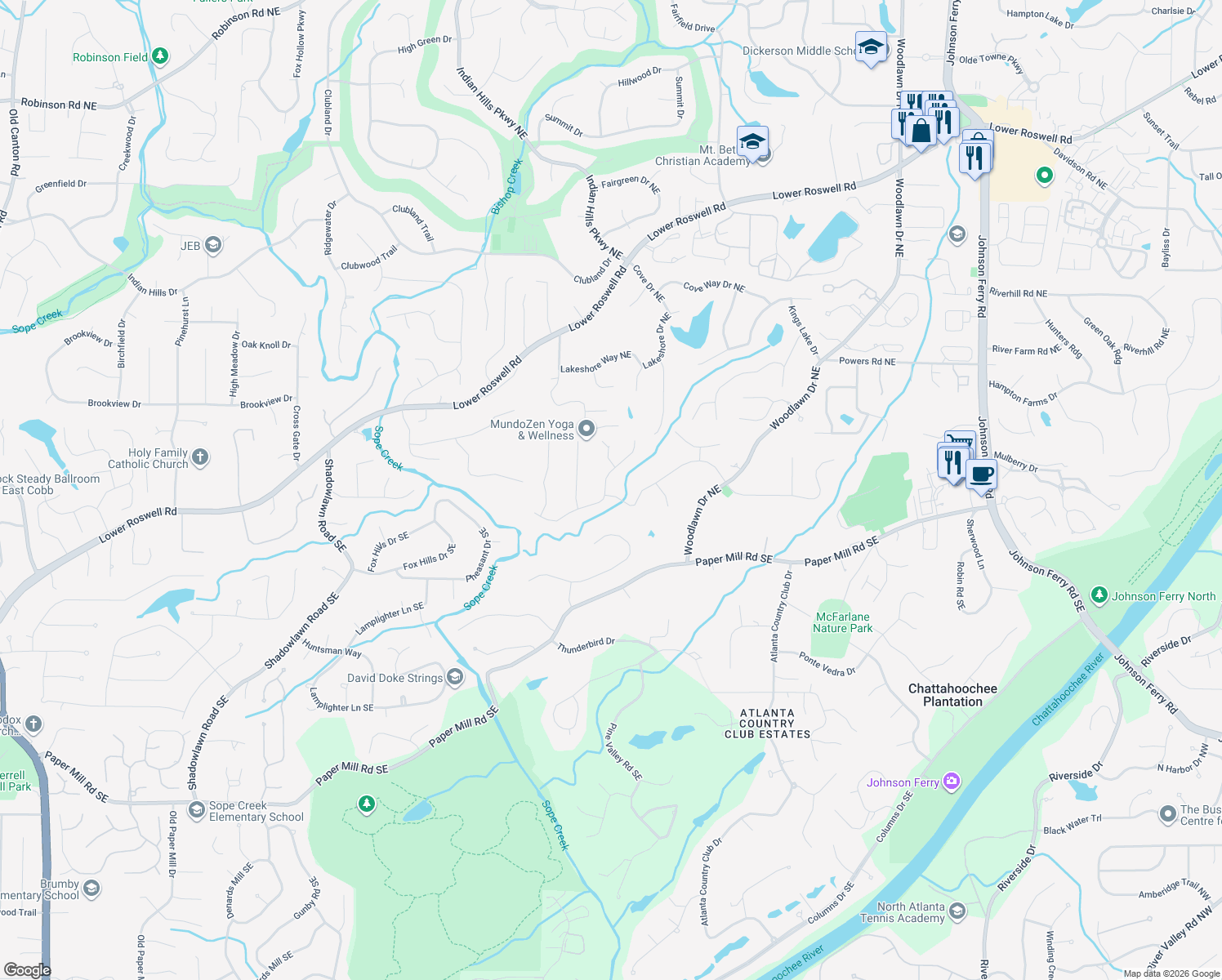map of restaurants, bars, coffee shops, grocery stores, and more near 53 Lakeshore Drive Northeast in Marietta