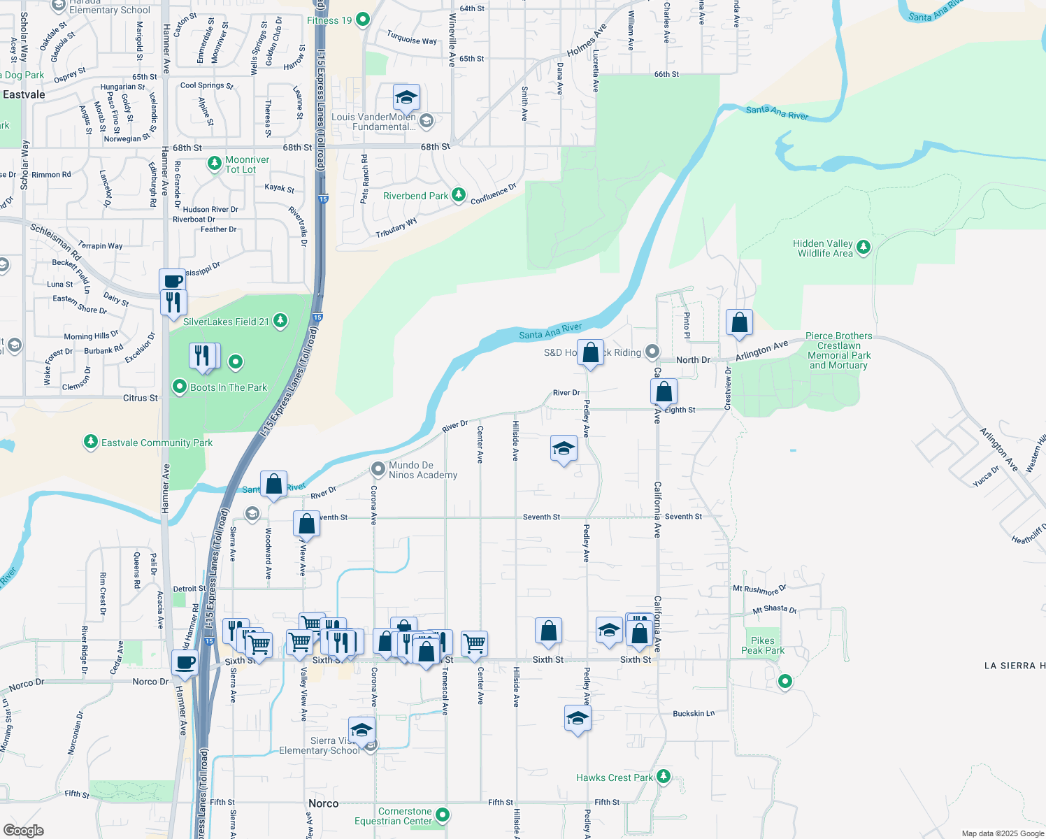 map of restaurants, bars, coffee shops, grocery stores, and more near 4729 Hillside Avenue in Norco