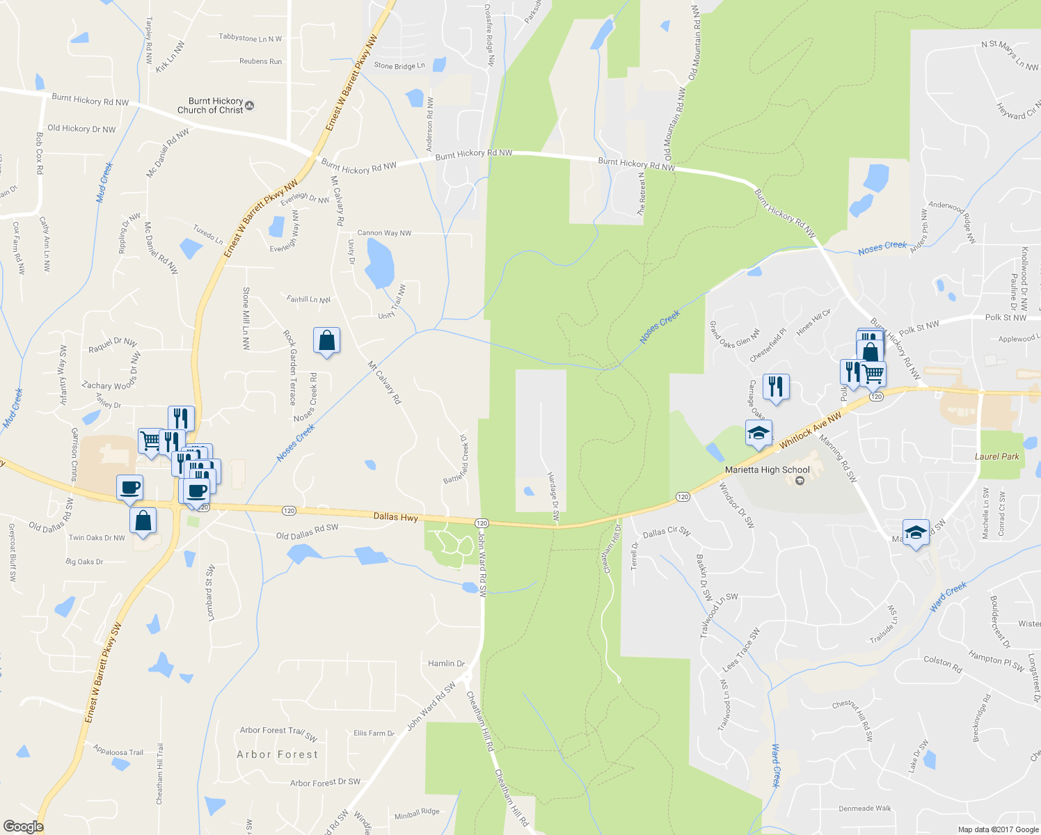 map of restaurants, bars, coffee shops, grocery stores, and more near 255 Hardage Drive Southwest in Marietta
