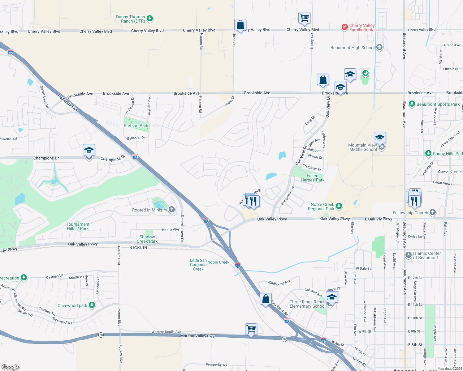 map of restaurants, bars, coffee shops, grocery stores, and more near 967 Gleneagles Road in Beaumont