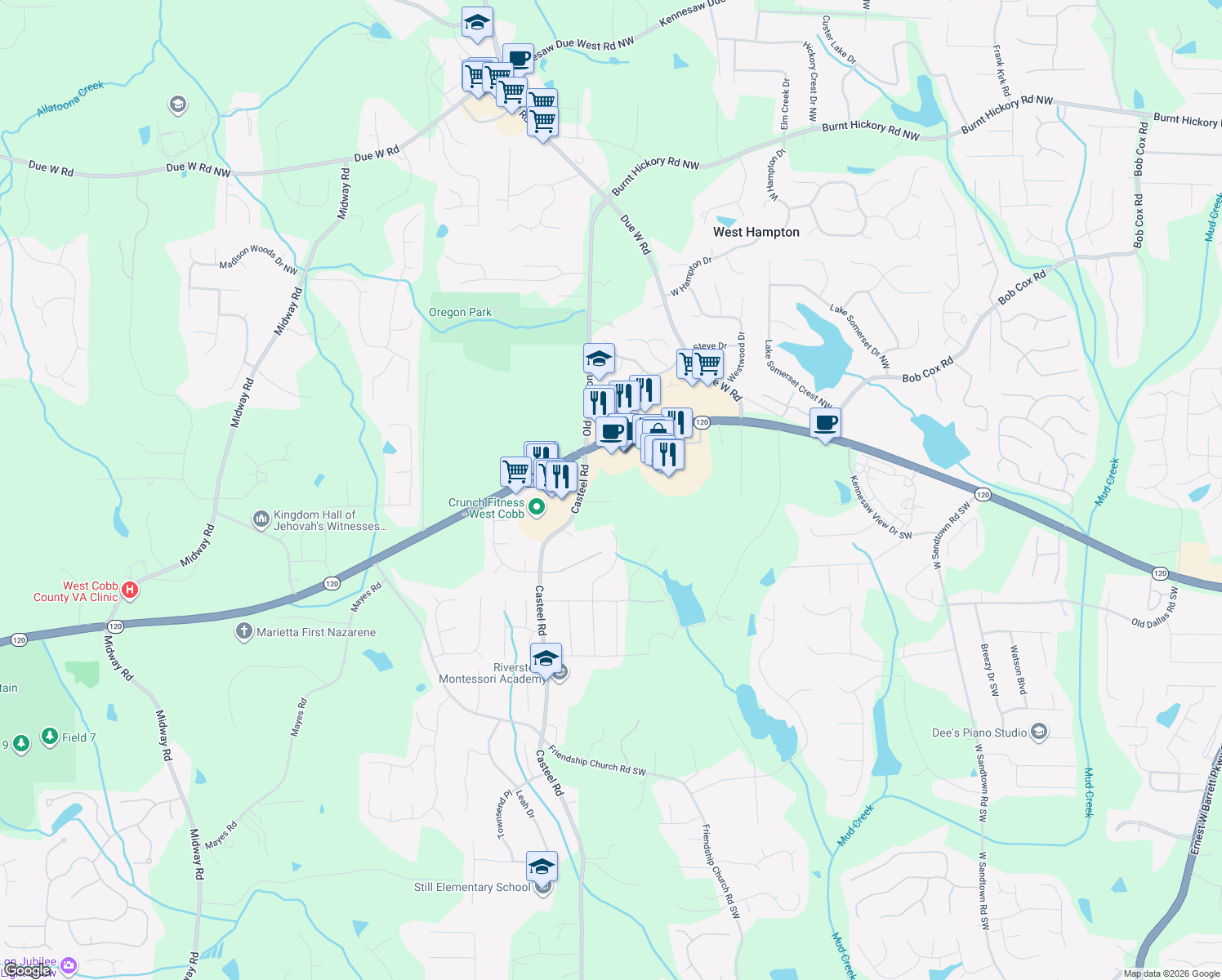 map of restaurants, bars, coffee shops, grocery stores, and more near 3738 Ramble Lane Southwest in Marietta