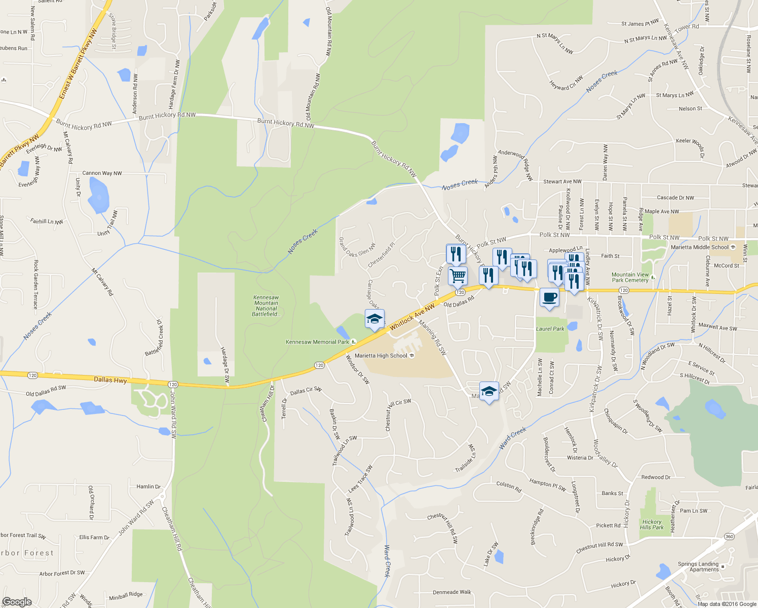 map of restaurants, bars, coffee shops, grocery stores, and more near 40 Carriage Oaks Drive Northwest in Marietta