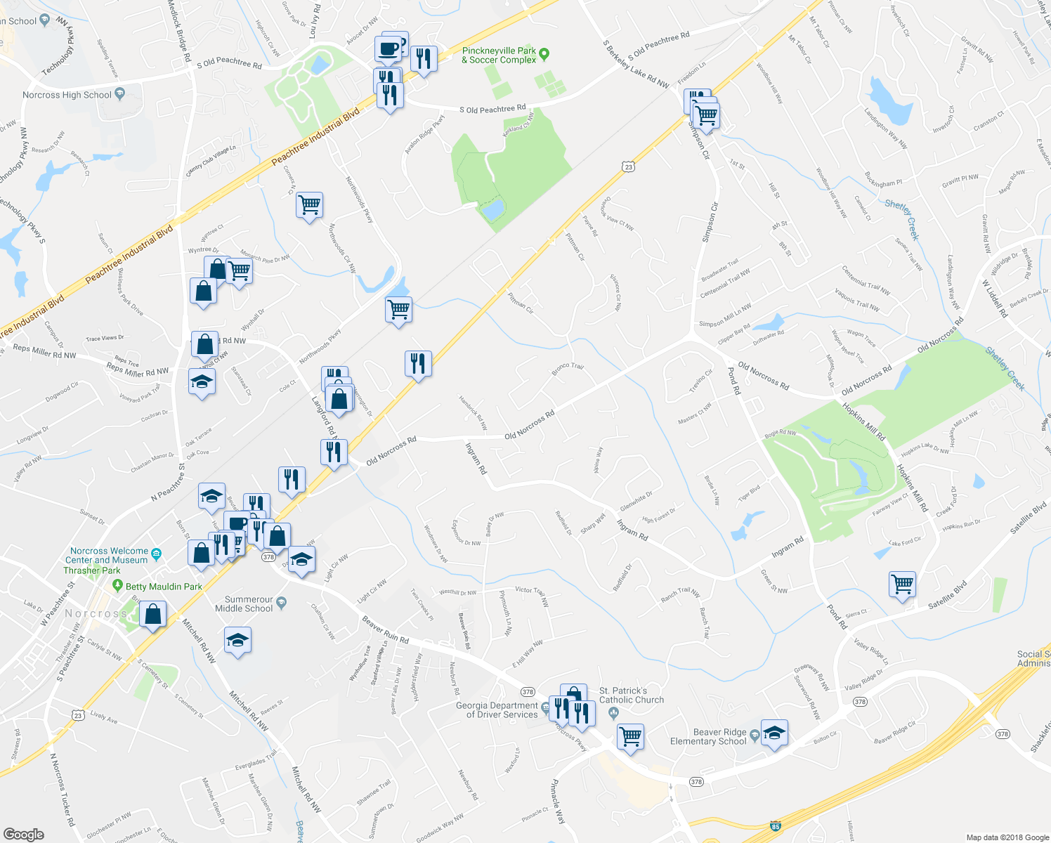 map of restaurants, bars, coffee shops, grocery stores, and more near 4973 Old Norcross Road in Duluth
