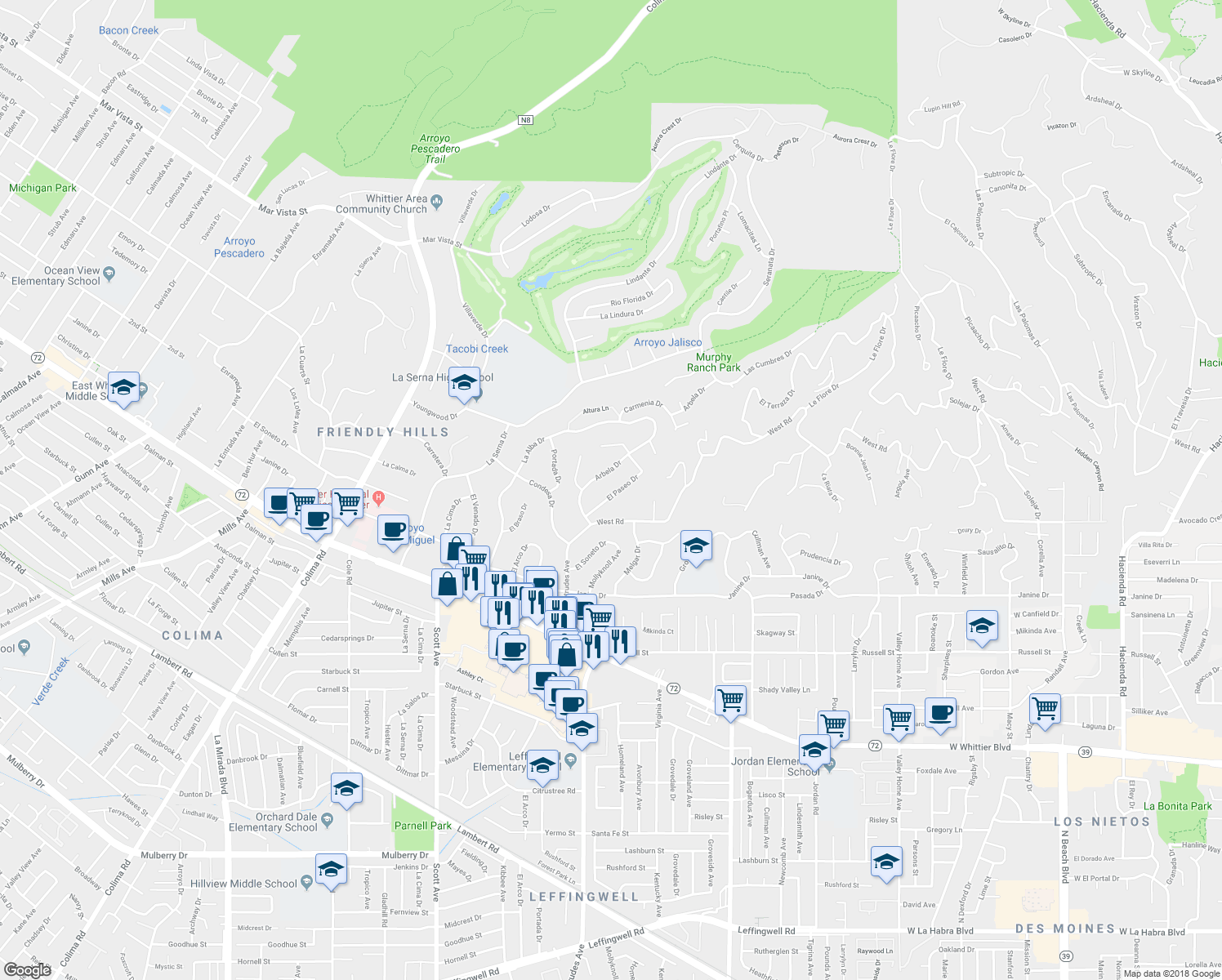 map of restaurants, bars, coffee shops, grocery stores, and more near 15800 El Paseo Dr in Whittier