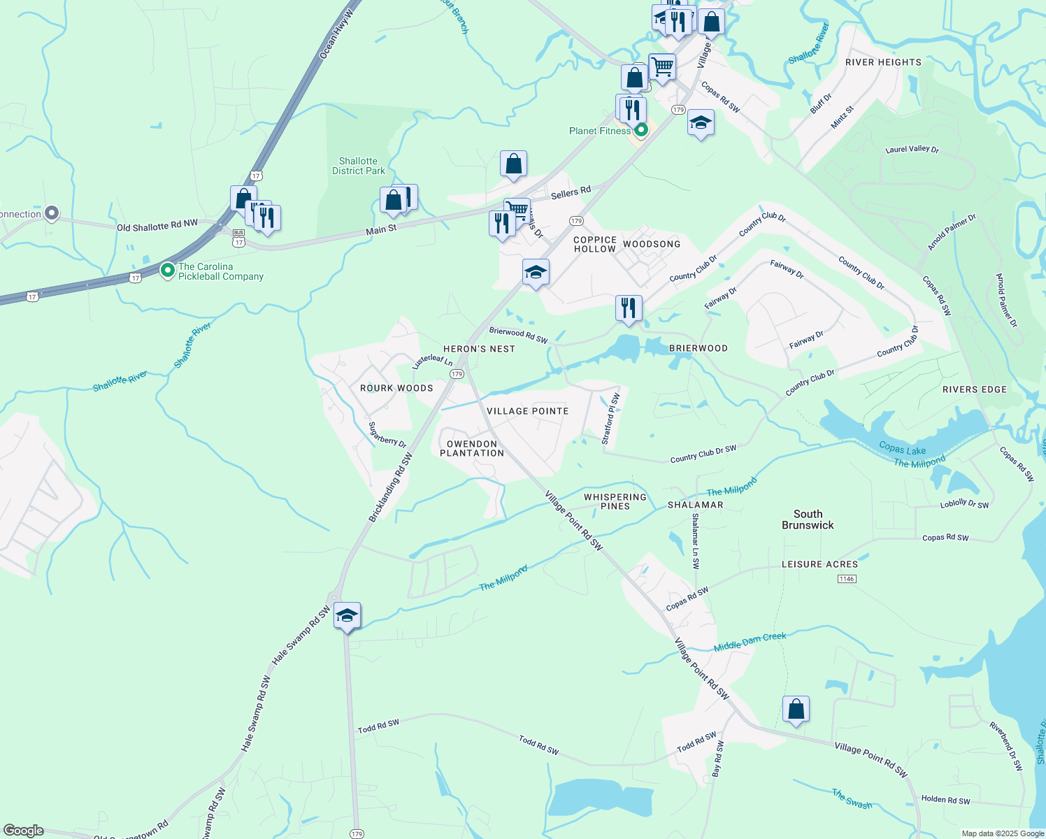 map of restaurants, bars, coffee shops, grocery stores, and more near 4307 Susan Drive Southwest in Shallotte