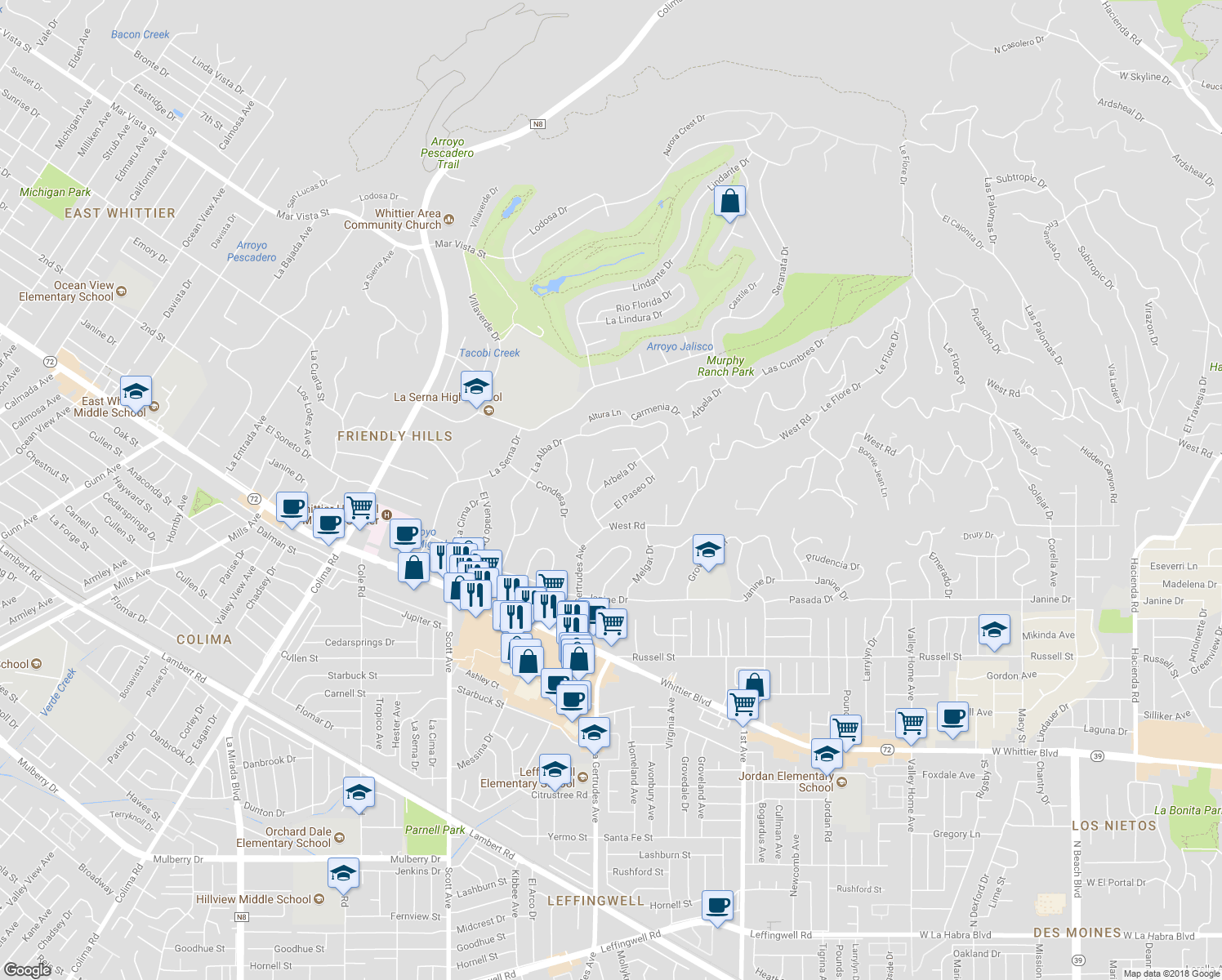map of restaurants, bars, coffee shops, grocery stores, and more near 15776 Arbela Drive in Whittier