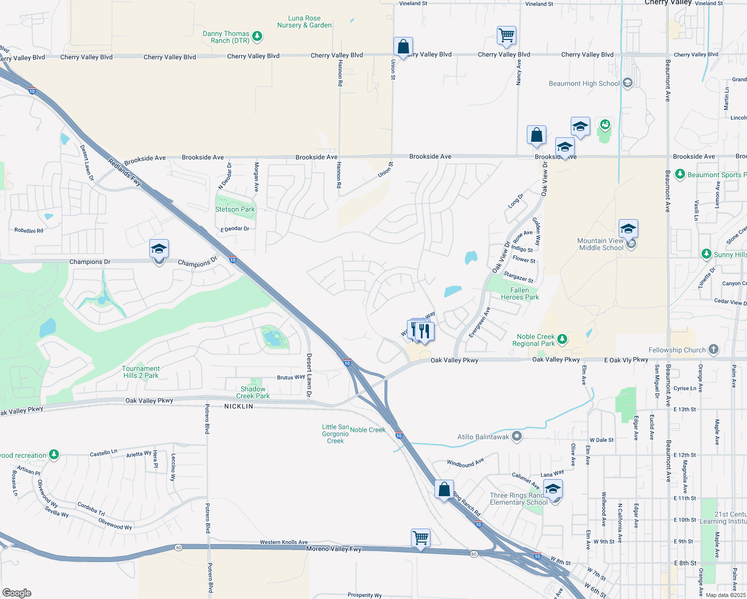 map of restaurants, bars, coffee shops, grocery stores, and more near 974 Pebble Beach Road in Beaumont