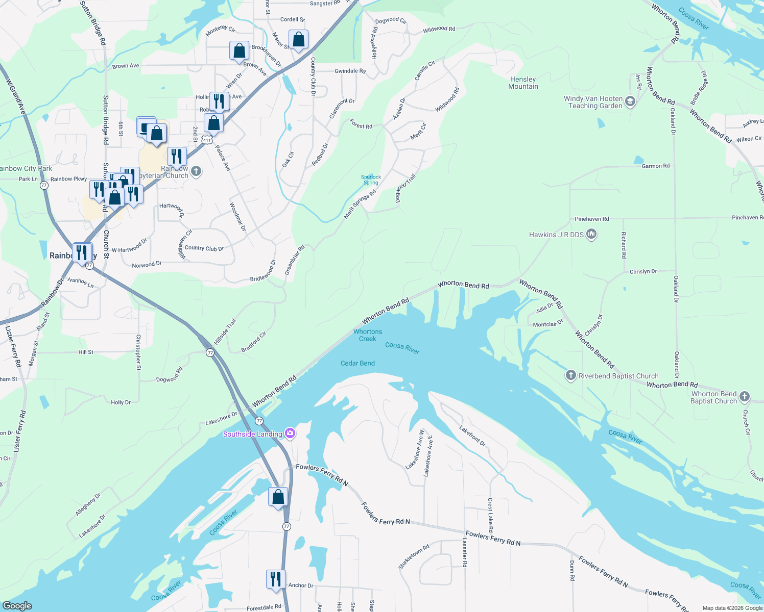 map of restaurants, bars, coffee shops, grocery stores, and more near 815 Whorton Bend Road in Rainbow City
