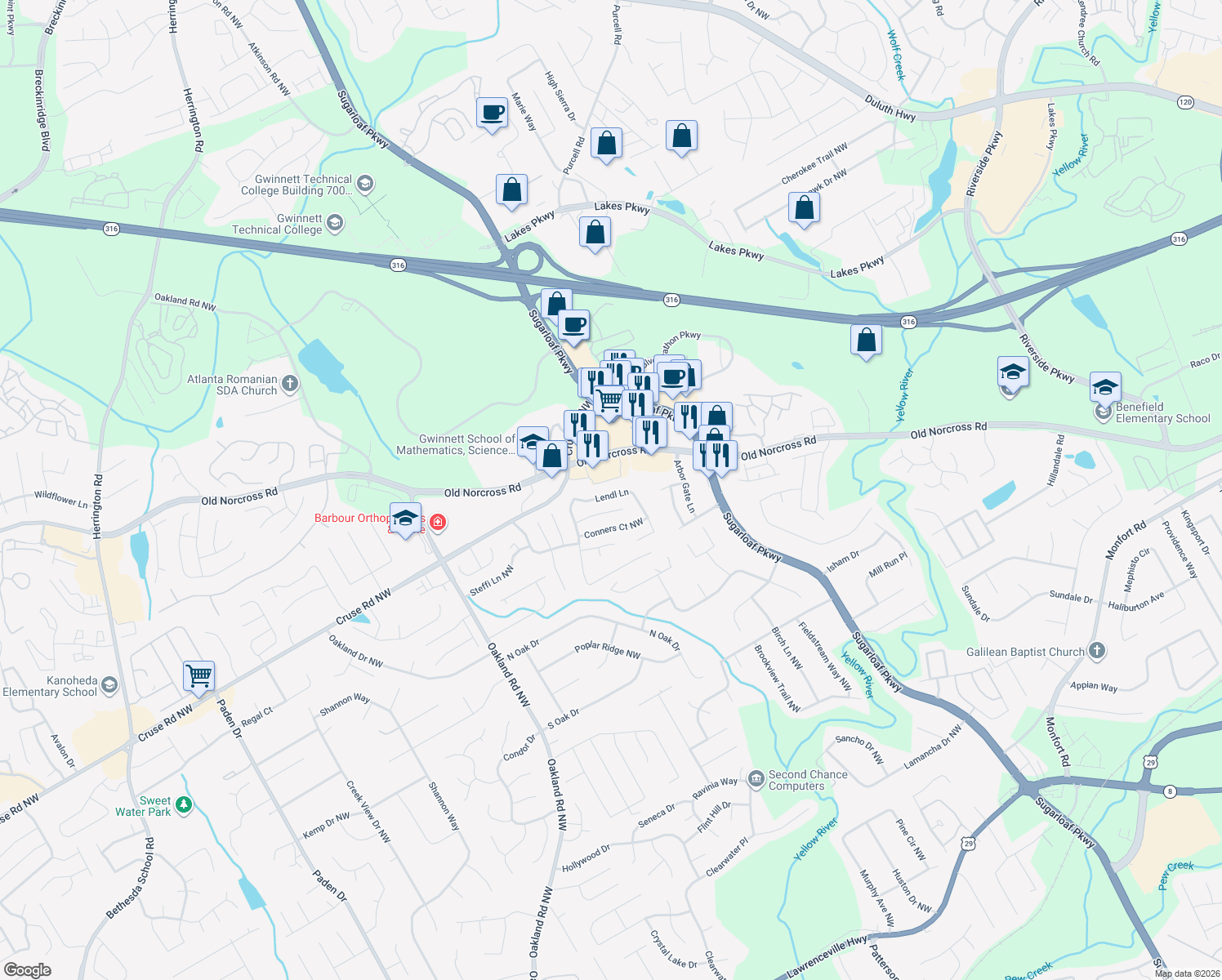 map of restaurants, bars, coffee shops, grocery stores, and more near 1030 Lendl Lane in Lawrenceville