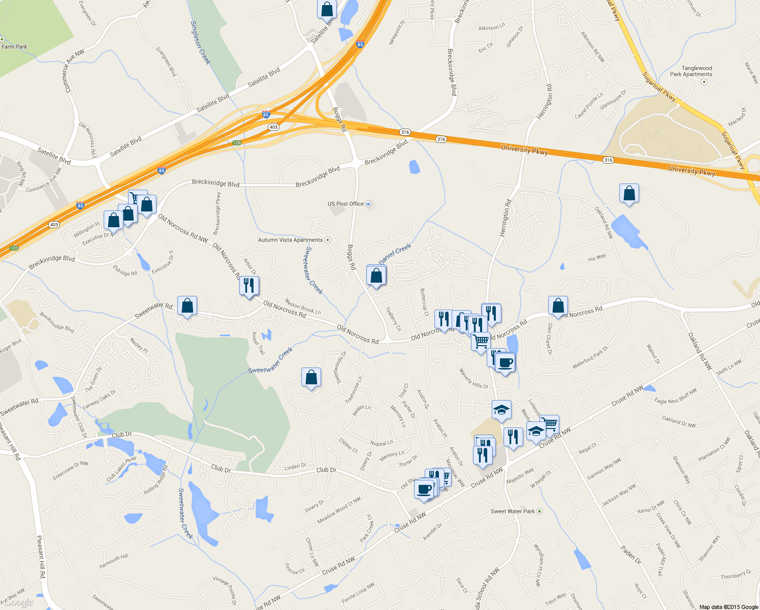 map of restaurants, bars, coffee shops, grocery stores, and more near 1390 Teaberry Cir in Lawrenceville