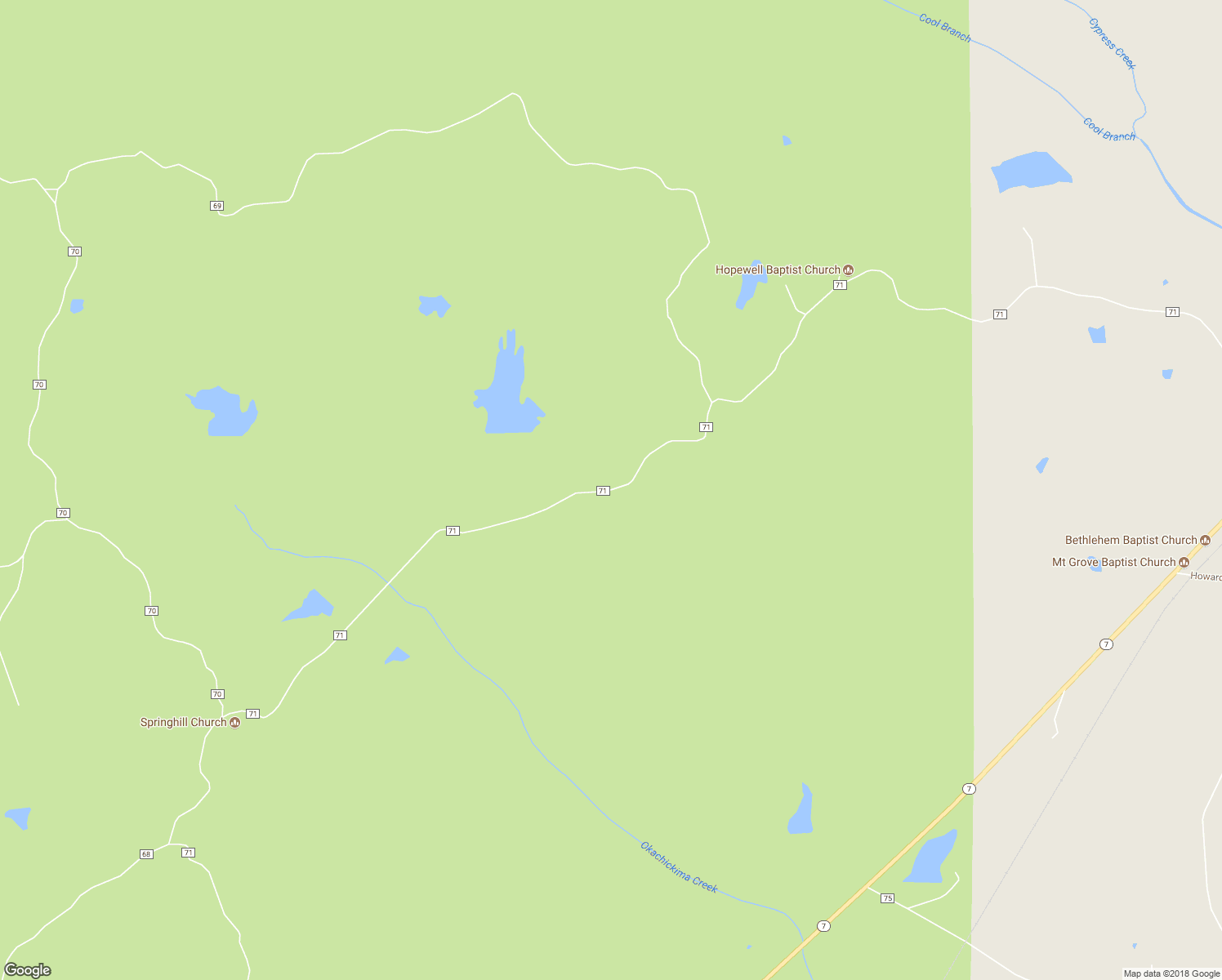 map of restaurants, bars, coffee shops, grocery stores, and more near County Road 71 in Coffeeville