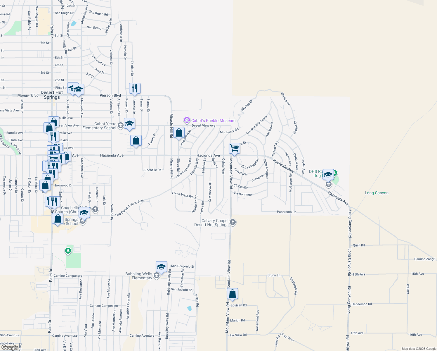 map of restaurants, bars, coffee shops, grocery stores, and more near 13378 Inaja Street in Desert Hot Springs