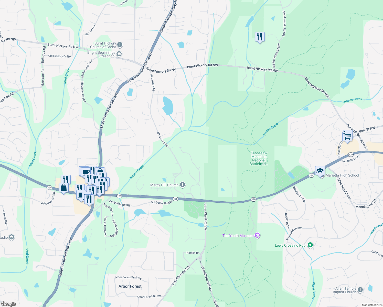 map of restaurants, bars, coffee shops, grocery stores, and more near 400 Battlefield Creek Dr in Marietta