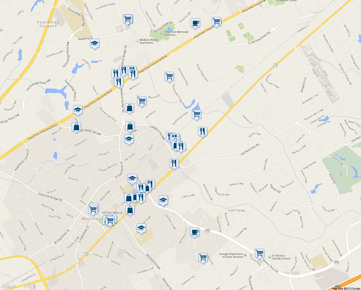 map of restaurants, bars, coffee shops, grocery stores, and more near 2801 Herrington Dr in Norcross