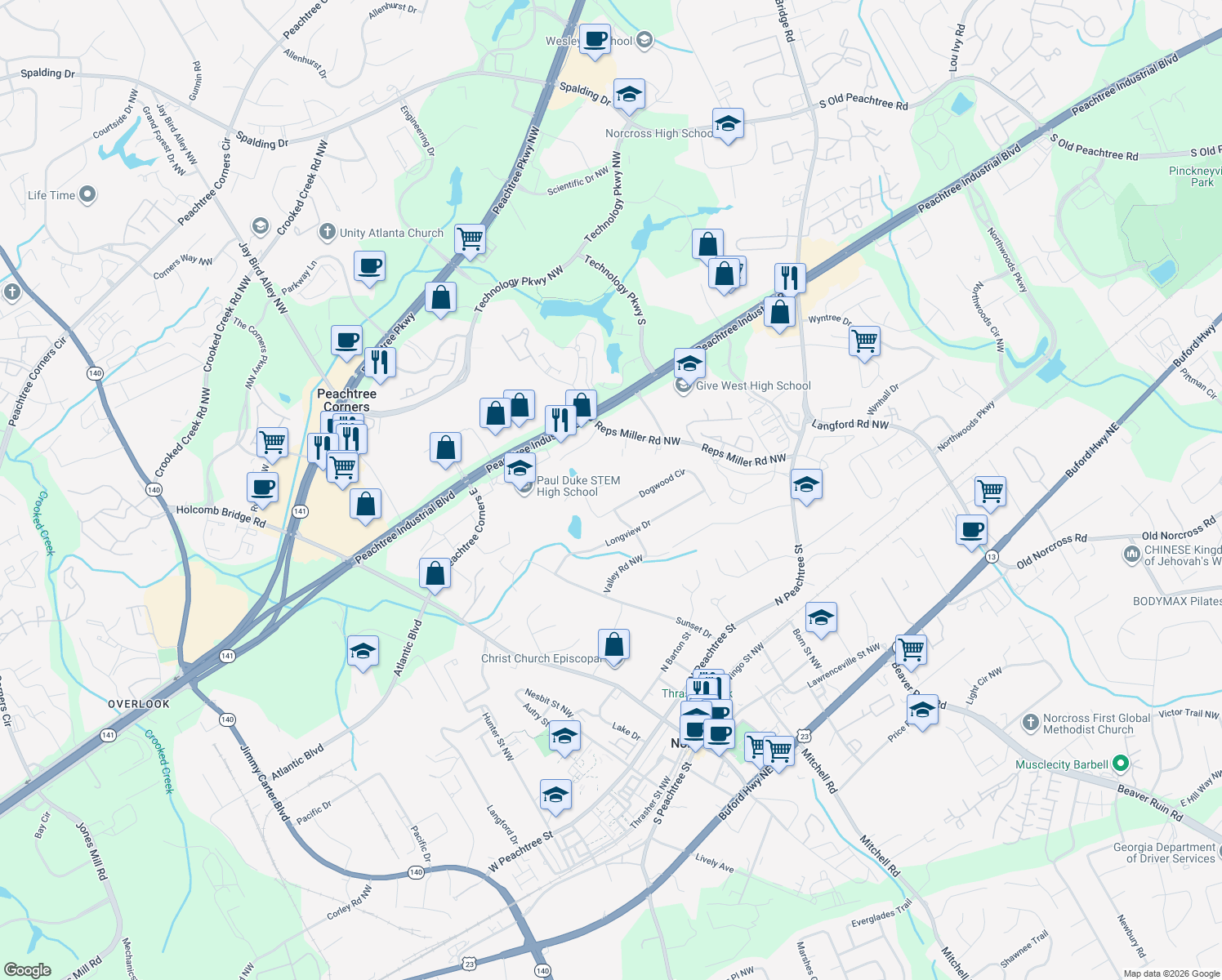 map of restaurants, bars, coffee shops, grocery stores, and more near 266 Dogwood Walk Lane in Norcross