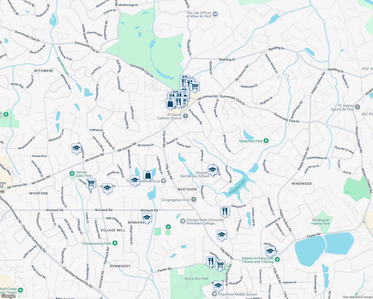 map of restaurants, bars, coffee shops, grocery stores, and more near 5361 Seaton Way in Dunwoody