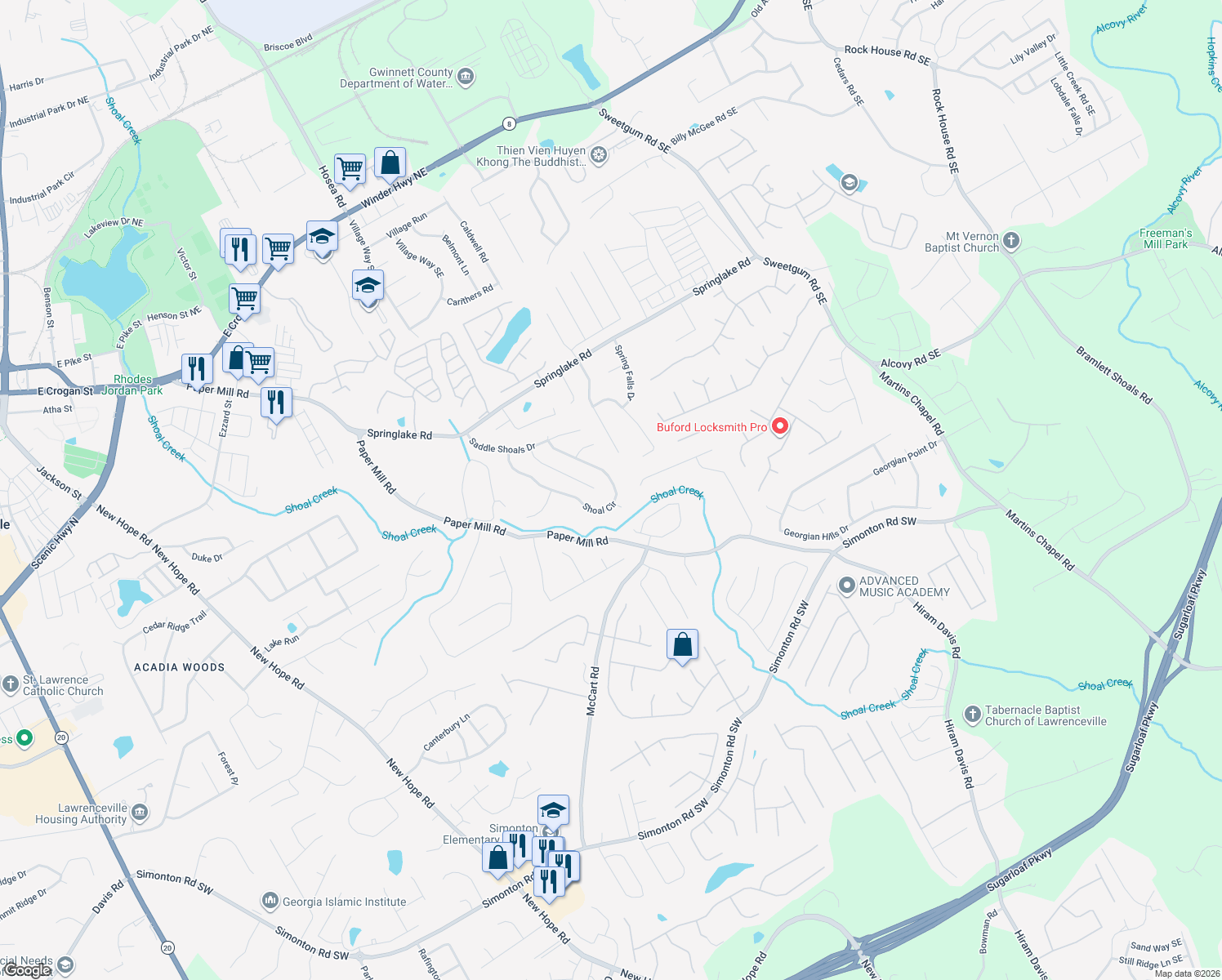 map of restaurants, bars, coffee shops, grocery stores, and more near 602 Shoal Cir in Lawrenceville