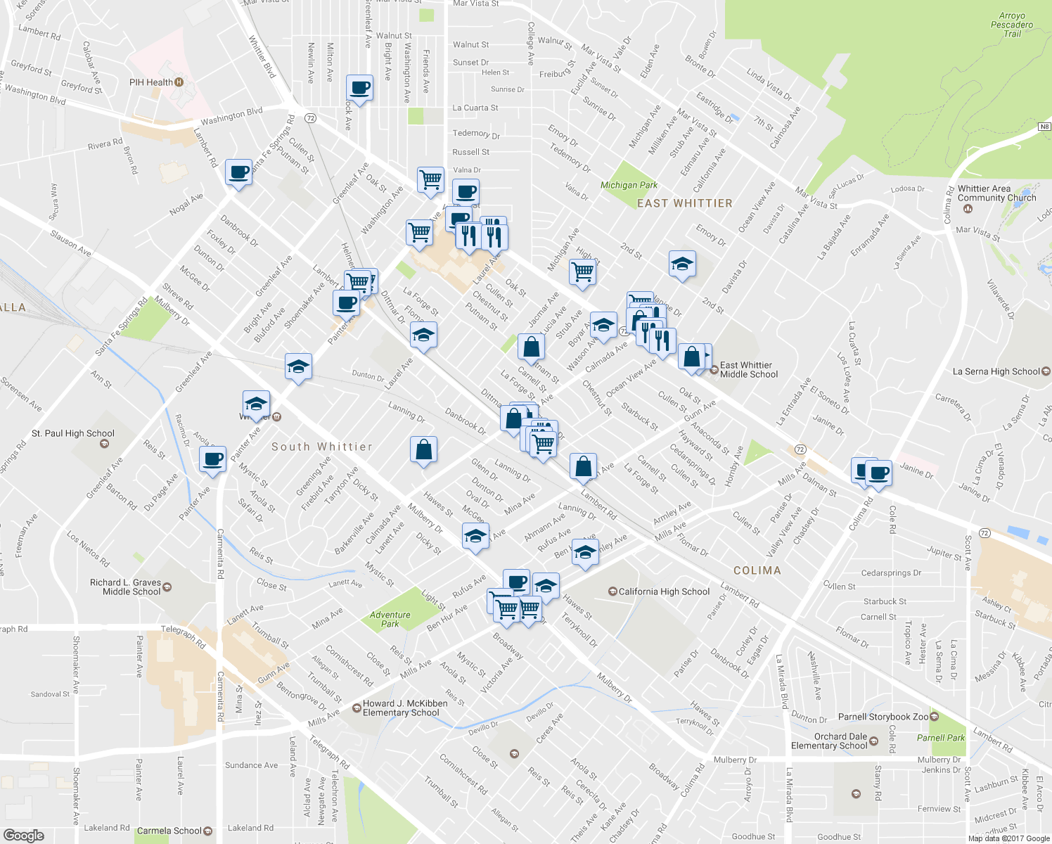 map of restaurants, bars, coffee shops, grocery stores, and more near 14011 Dittmar Drive in Whittier