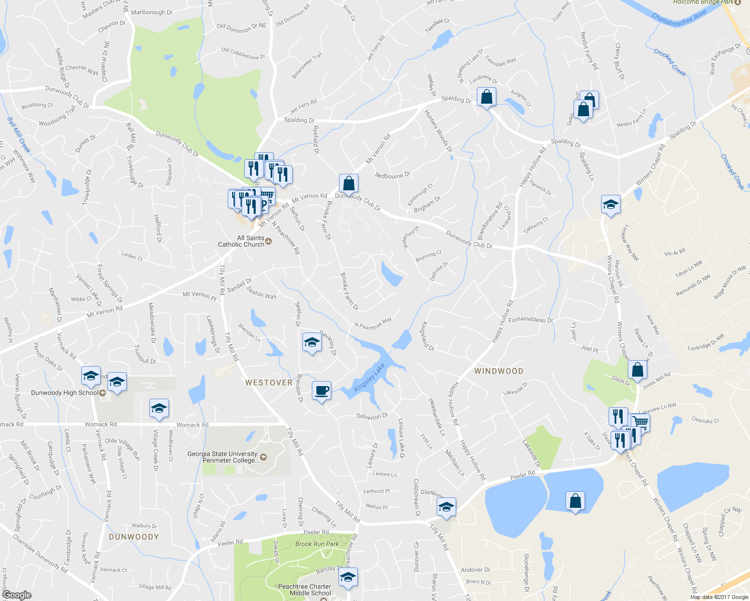 map of restaurants, bars, coffee shops, grocery stores, and more near 5141 Brooke Farm Drive in Dunwoody