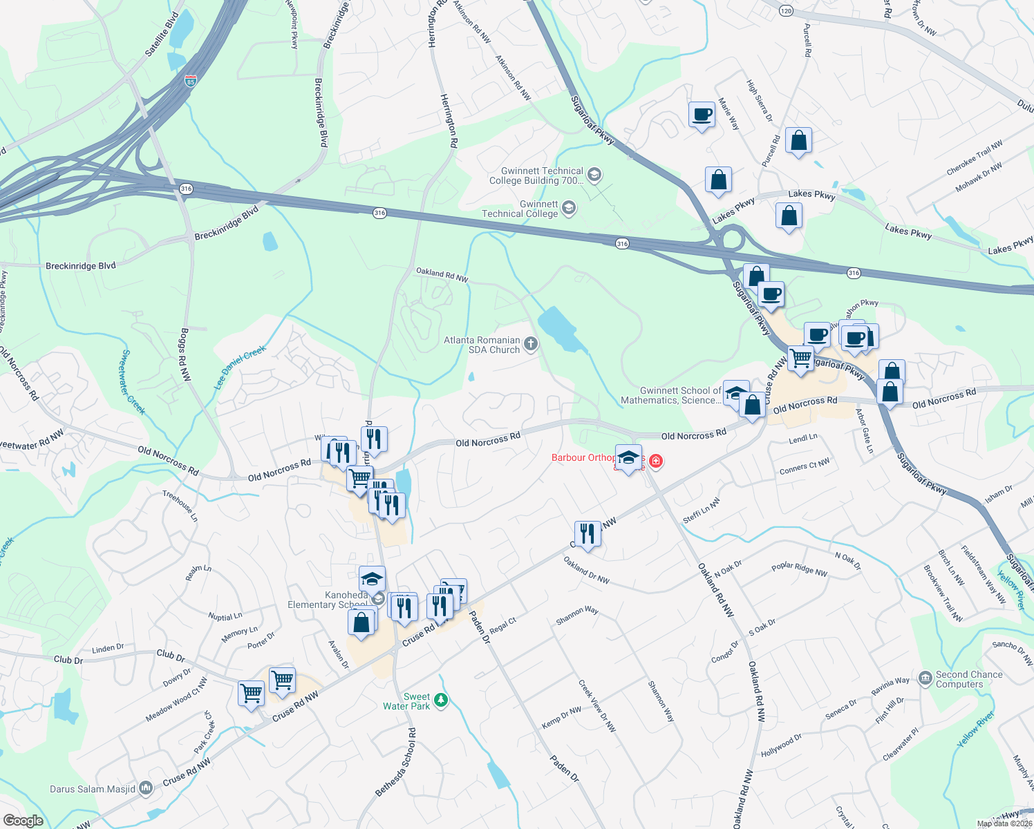 map of restaurants, bars, coffee shops, grocery stores, and more near 2100 Carlysle Park Lane in Lawrenceville