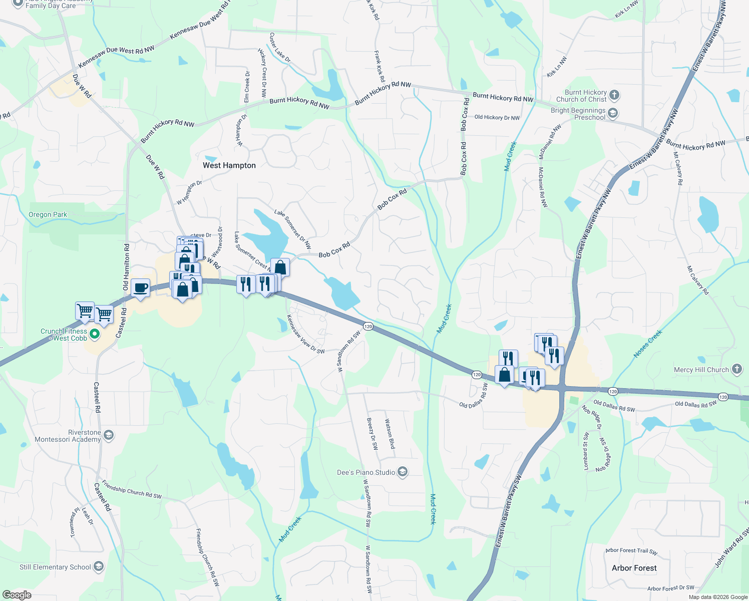 map of restaurants, bars, coffee shops, grocery stores, and more near 156 Helmswood Circle Southwest in Marietta